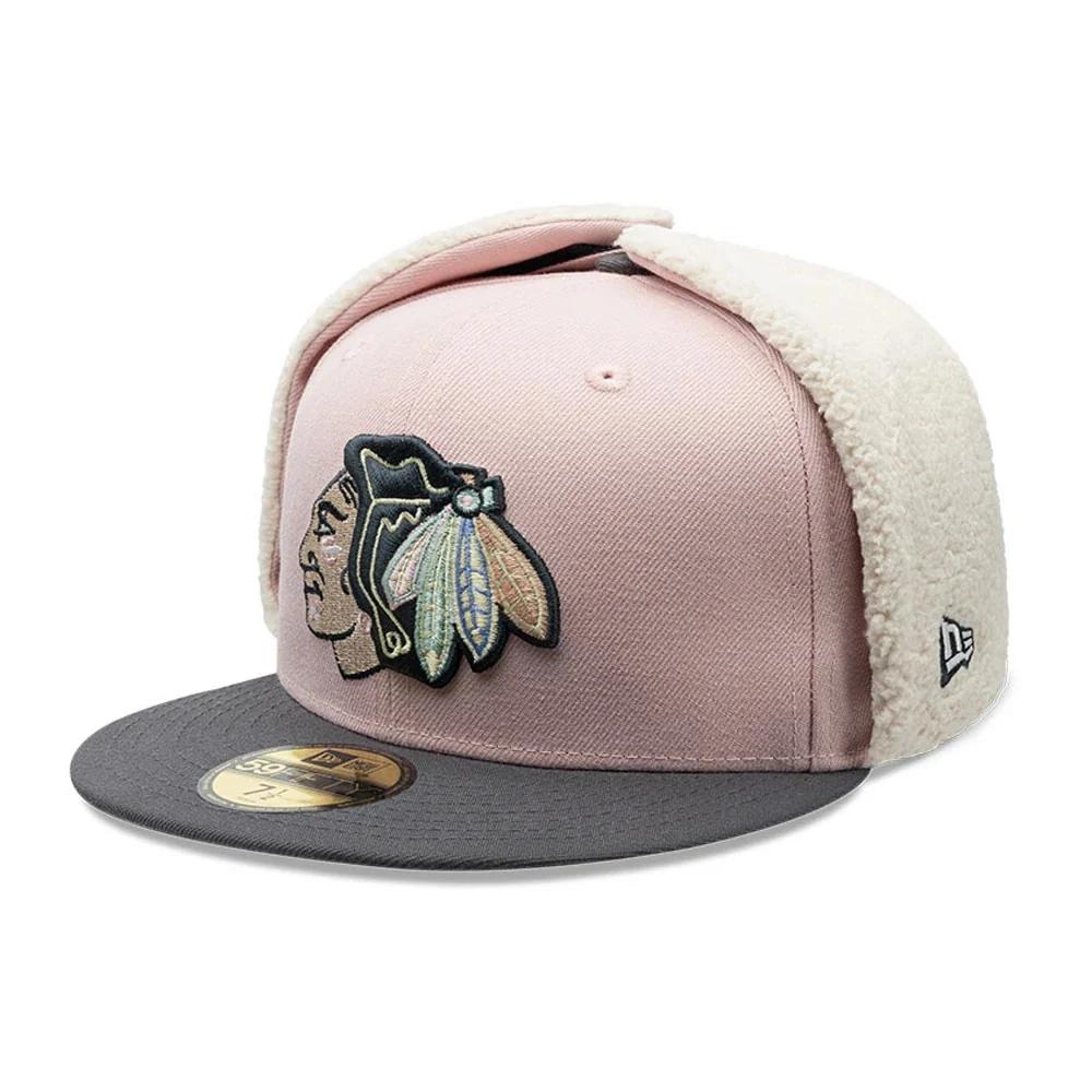 Бейсболка ушанка NEW ERA 59FIFTY NHL CHICAGO BLACKHAWKS DOGEAR розовая, серая