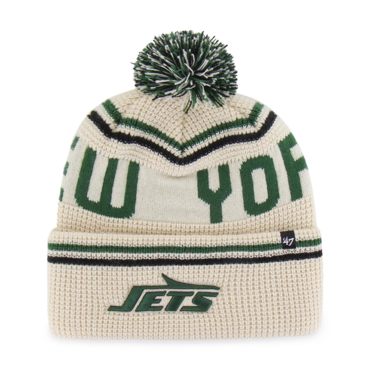 Шапка '47 CUFF KNIT BEANIE NFL NEW YORK JETS бежевая, зеленые полосы